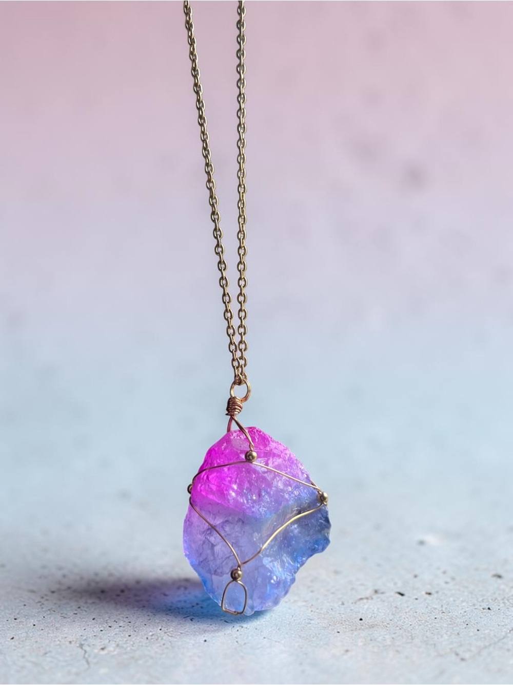 DYED QUARTZ raw cut wire wrapped natural stone pendant necklace gold chain NEW